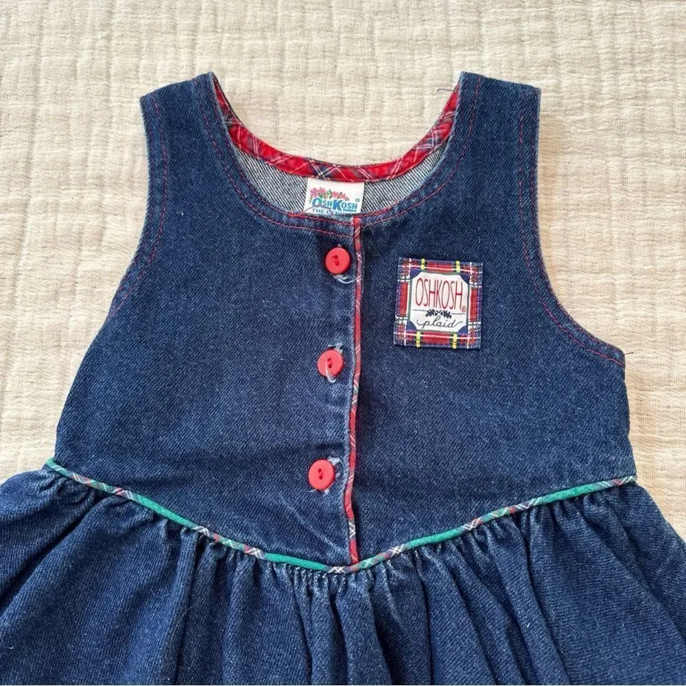 VTG Oshkosh Girls 4 Denim Jumper Overall Dress Blue Red Plaid Christmas USA